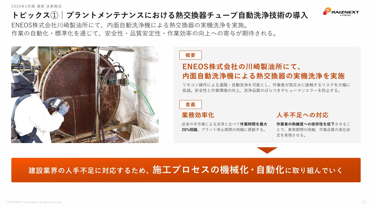 レイズネクスト社は熱交換機チューブ自動洗浄技術の導入で作業効率を向上