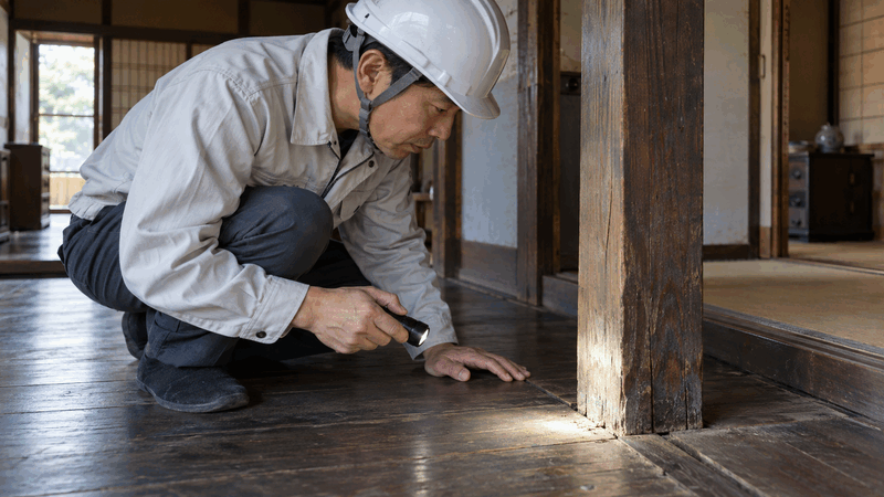 古い木造住宅の室内で建物の状態を調べる専門家（AI生成イメージ）