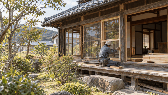 木造住宅の窓枠を修繕する職人と庭（AI生成イメージ）