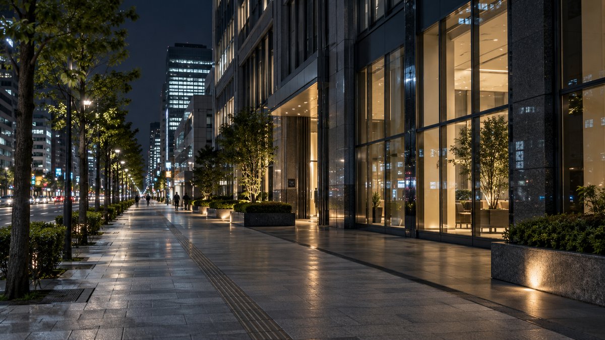 夜間の人通りが少ない金融街のイメージ