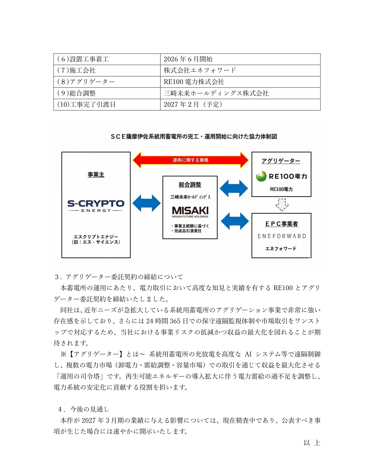 薩摩伊佐蓄電所の2027年2月引渡し予定とRE100電力との契約