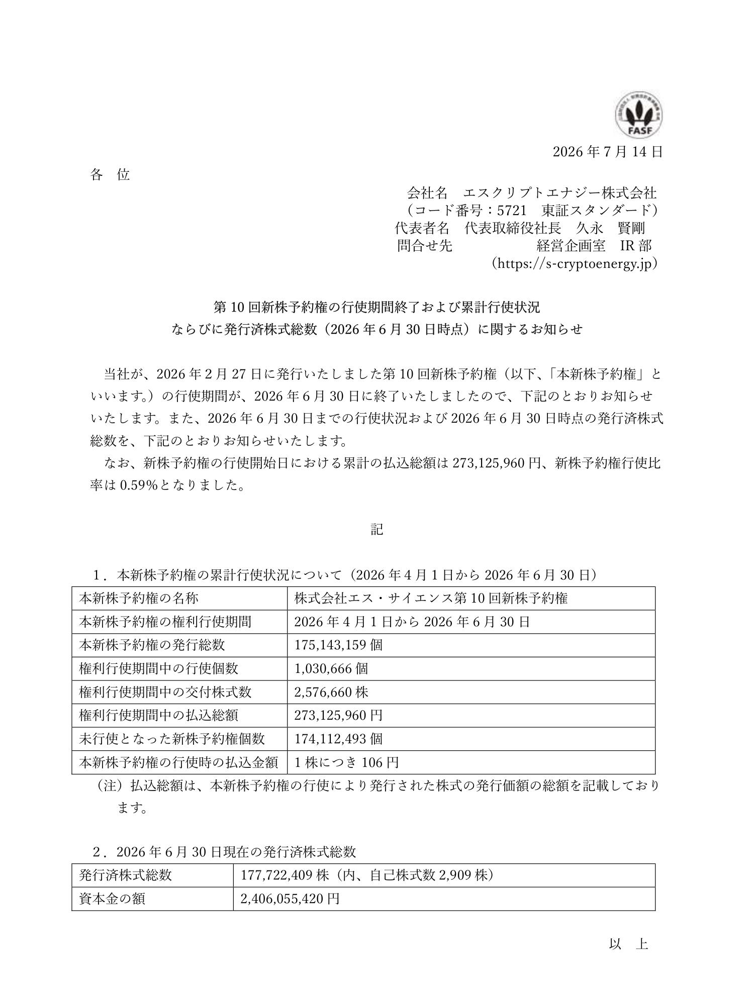 第10回新株予約権の行使率0.59%と調達額の公式開示