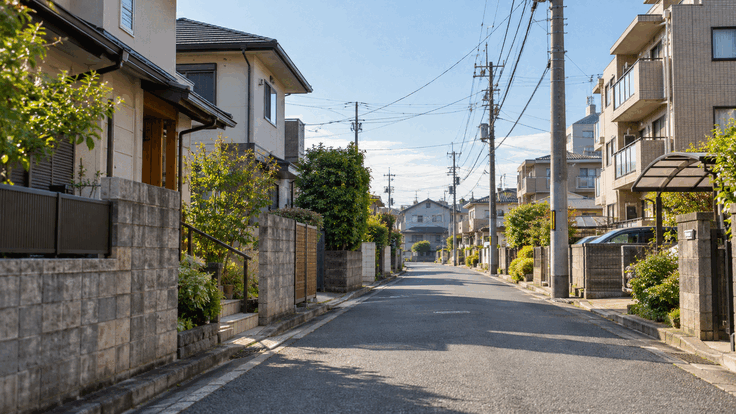 戸建てと集合住宅が並ぶ架空の日本の住宅街(AI生成イメージ)
