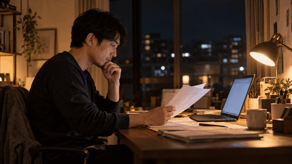 書斎で決算資料を確認する人物(AI生成イメージ)