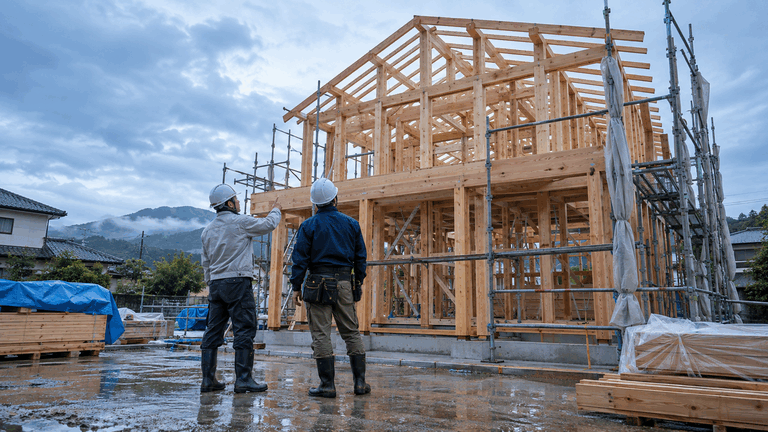 住宅建築現場で工事の進捗を確認する作業員(AI生成イメージ)
