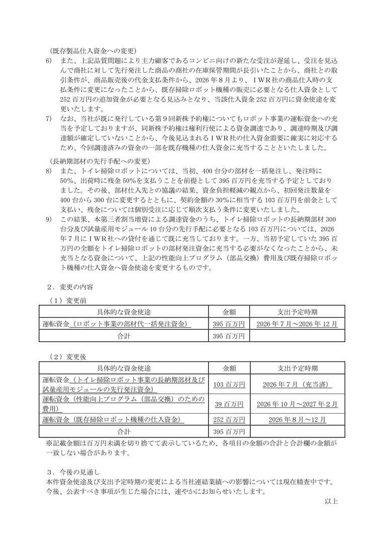 倉元製作所が変更したロボット事業の資金使途