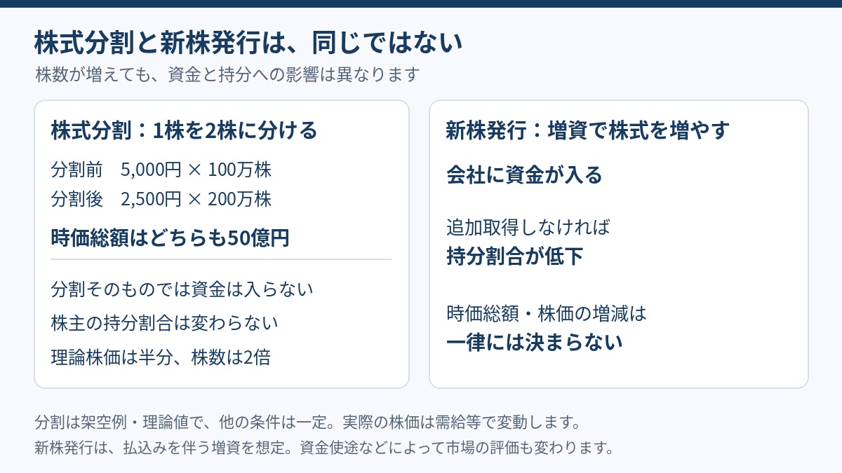 株式分割と新株発行の比較。分割では理論上の時価総額は50億円で不変、増資では資金と持分に影響
